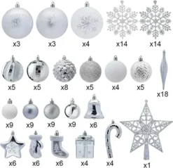 157pcs White And Silver Christmas Tree Ornaments -Christmas Decoration Shop 157Pcs Christmas Ornaments with a Star Tree Topper Silver amp White 2 600x581 1