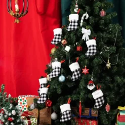 18pcs Black And White Plaid Christmas Stockings -Christmas Decoration Shop 18 PacksChristmas White Black Buffalo Plaid Stockings 5in 8 600x600 1