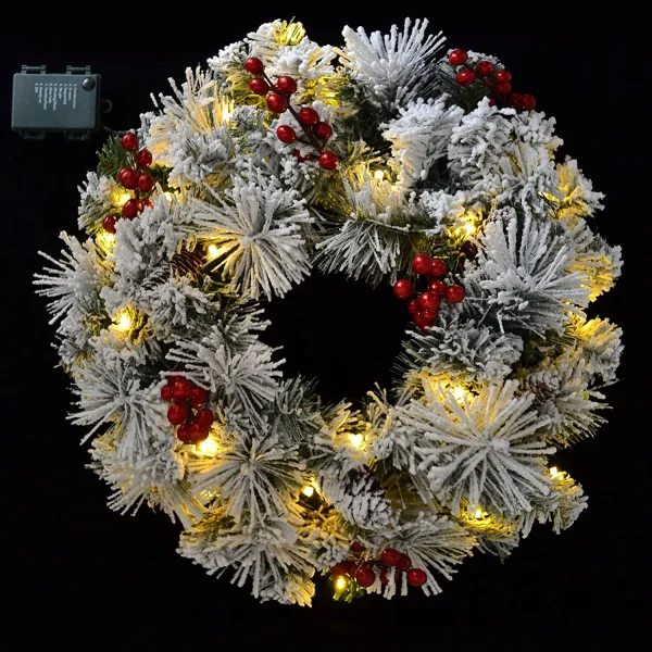Christmas Wreath Flocked With LED Lights 20in 5 Christmas Wreath Flocked With LED Lights 20in - Image 3