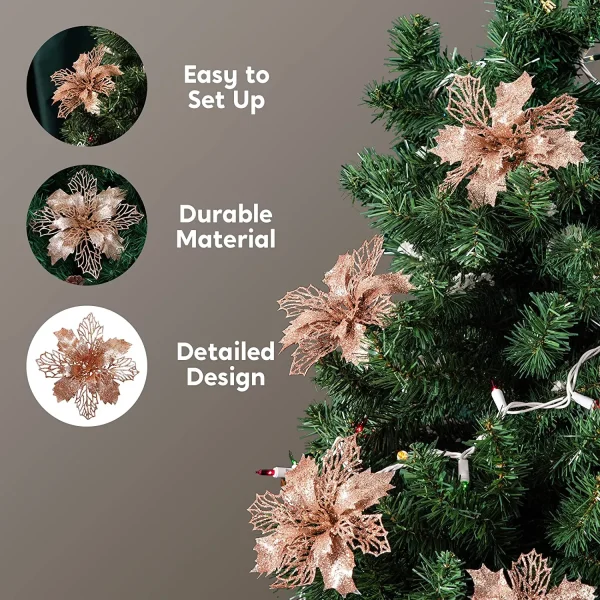 24pcs Rose Gold Christmas Poinsettia Flower Decorations 6 24pcs Rose Gold Christmas Poinsettia Flower Decorations - Image 4