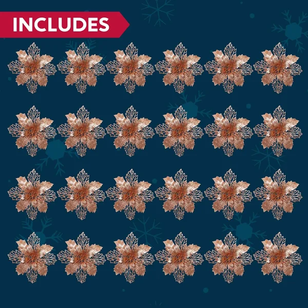 24pcs Rose Gold Christmas Poinsettia Flower Decorations 8 24pcs Rose Gold Christmas Poinsettia Flower Decorations - Image 6