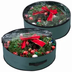 2Pcs Christmas Wreath Green Storage Bag With Clear Window