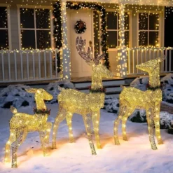 3Pcs Christmas Yard Lights 5ft Buck, 4ft Doe, 3ft Fawn With Wreath