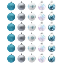 30pcs Blue, White And Silver Christmas Ball Ornaments -Christmas Decoration Shop 30Pcs Assorted Style Ball Ornaments Blue White Silver 3 3 result 600x600 1