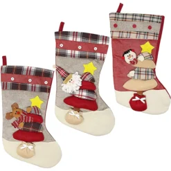 3pcs 3D Burlap And Plaid Christmas Stockings 18in