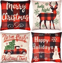 4pcs Buffalo Plaid Reindeer And Truck Pillow Covers