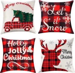 4Pcs Christmas Farmhouse Buffalo Plaid Pillow Covers