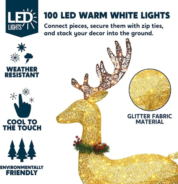 5ft 100 LED Fabric Gold Buck (Wreath & Ribbon) 4 5ft 100 LED Fabric Gold Buck (Wreath & Ribbon) - Image 2