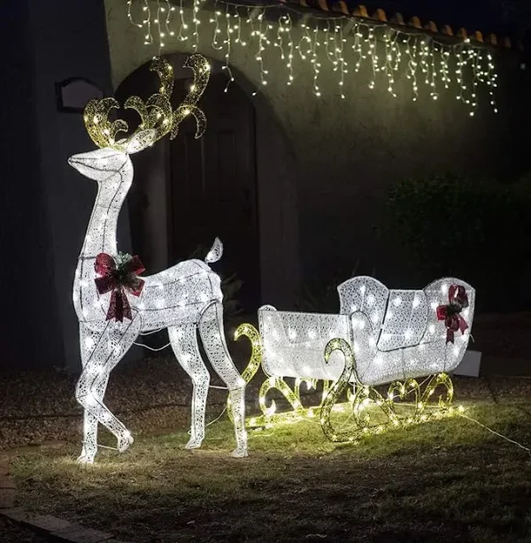 3D Fabric LED Lighted Reindeer With Sleigh Decorations 5ft 3 3D Fabric LED Lighted Reindeer With Sleigh Decorations 5ft