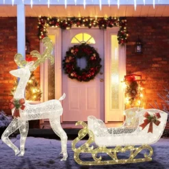 3D Fabric LED Lighted Reindeer With Sleigh Decorations 5ft 10 3D Fabric LED Lighted Reindeer With Sleigh Decorations 5ft -Christmas Decoration Shop 5ft Fabric Reindeer with Sleigh Christmas Yard Lights 3 600x600 1