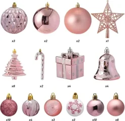 60pcs Assorted Christmas Ornaments Rosegold And White -Christmas Decoration Shop 66Pcs Christmas Assorted Ornaments with a Star Tree Topper Red amp White 6 600x584 1