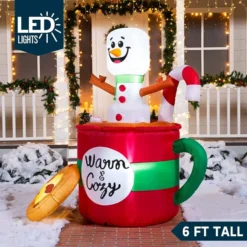 6ft LED Christmas Inflatable Snowman In Mug With Cookie 9 6ft LED Christmas Inflatable Snowman In Mug With Cookie -Christmas Decoration Shop 6ft Tall LED Christmas Inflatable Snowman 4 600x600 1