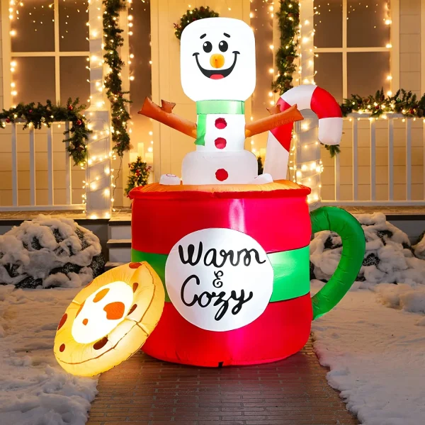 6ft LED Christmas Inflatable Snowman In Mug With Cookie 3 6ft LED Christmas Inflatable Snowman In Mug With Cookie