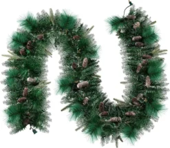 50 Warm White Pre Lit Cone Flocked Christmas Garland 9ft -Christmas Decoration Shop 9ft Christmas Flocked Garland Cone 3 result 600x523 1