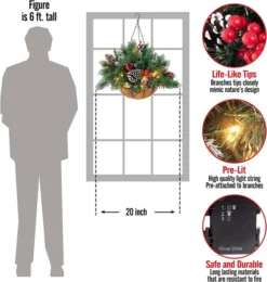 Christmas Pre Lit Hanging Basket 20in -Christmas Decoration Shop Christmas Prelit Hanging Basket 20in 7 600x632 1