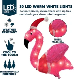 3ft 30 LED Tinsel Flamingo With Christmas Hat -Christmas Decoration Shop LED Yard Lights Tinsel Flamingo with Christmas Hat 3ft 3 result 600x644 1