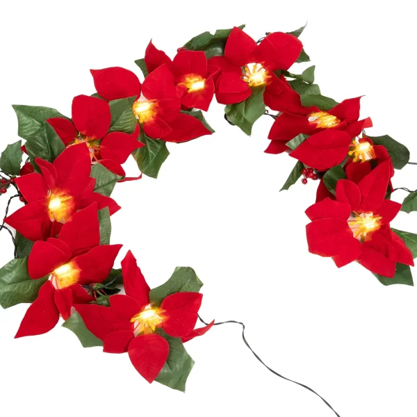 Pre Lit Velvet Silk Poinsettia Garland With Red Berries 6ft 3 Pre Lit Velvet Silk Poinsettia Garland With Red Berries 6ft