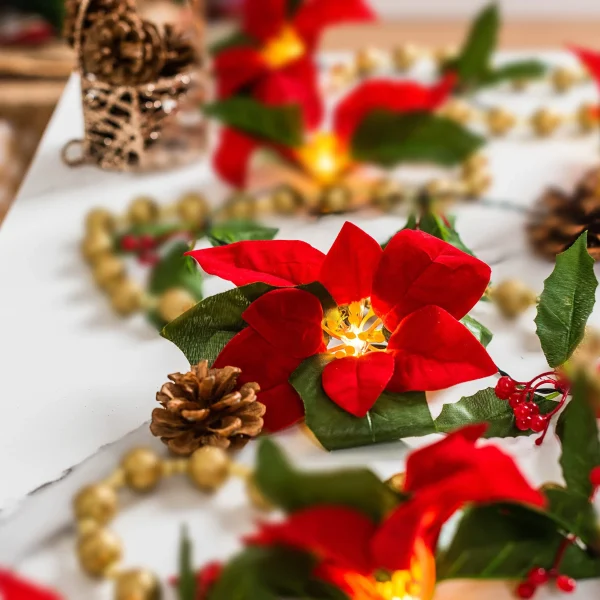 Pre Lit Velvet Silk Poinsettia Garland With Red Berries 6ft 4 Pre Lit Velvet Silk Poinsettia Garland With Red Berries 6ft - Image 2