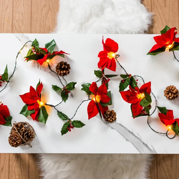 Pre Lit Velvet Silk Poinsettia Garland With Red Berries 6ft 7 Pre Lit Velvet Silk Poinsettia Garland With Red Berries 6ft - Image 5