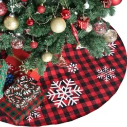 Red And Black Plaid Tree Skirt With Snowflake 36in