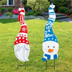 2pcs Snowman And Gnome Metal Christmas Yard Signs With Stake